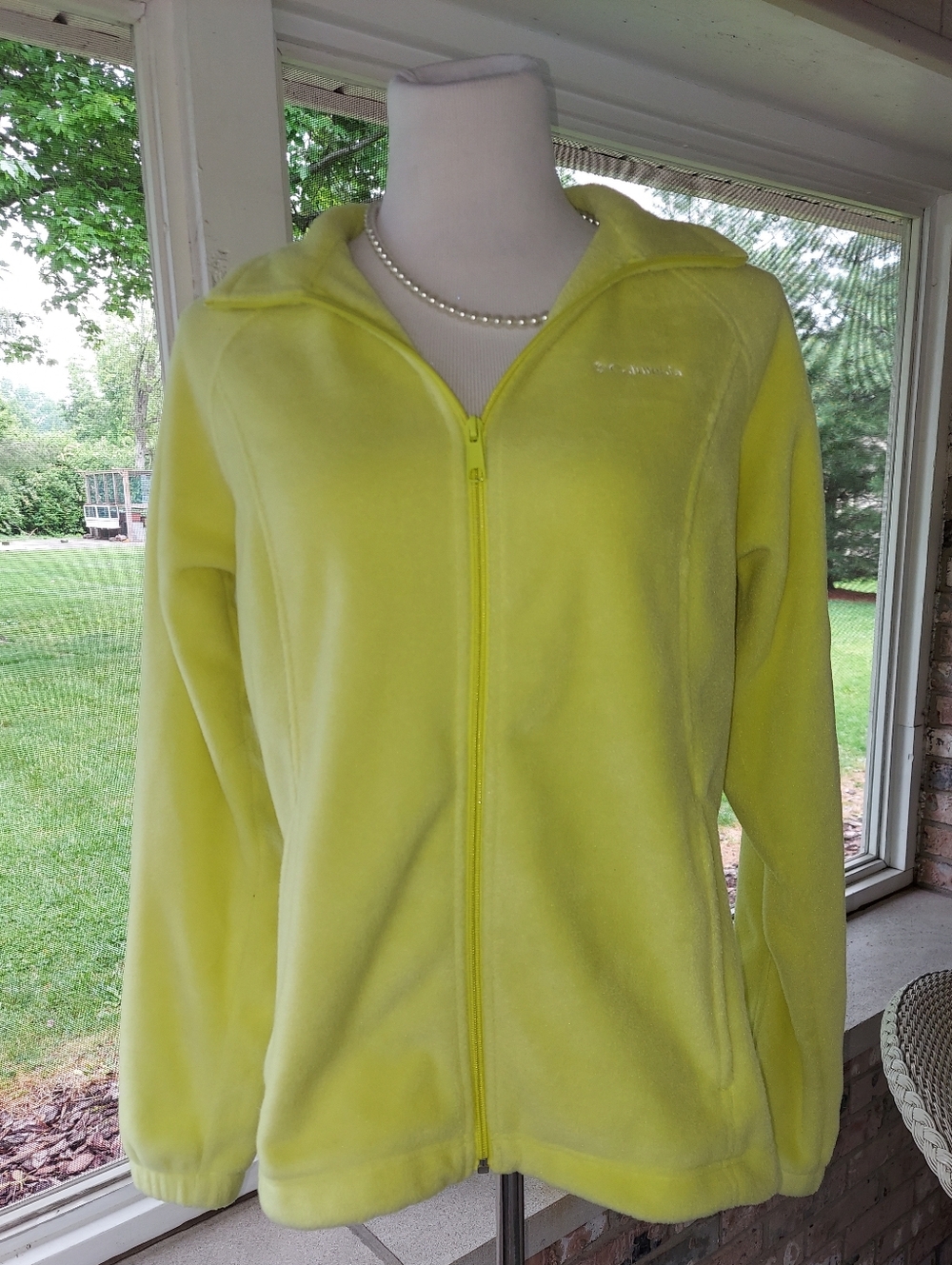 Columbia Bright Neon Ish Yellow Fleece Jacket L Zip Up Cute and Bright